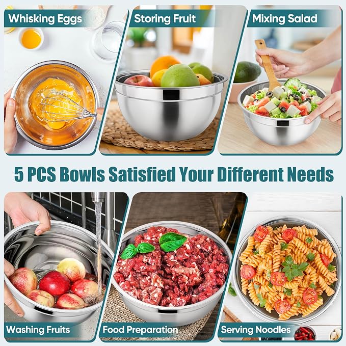 P&P CHEF Mixing Bowls with Airtight Lids Set of 5, 10-Piece Stainless Steel - Image 5