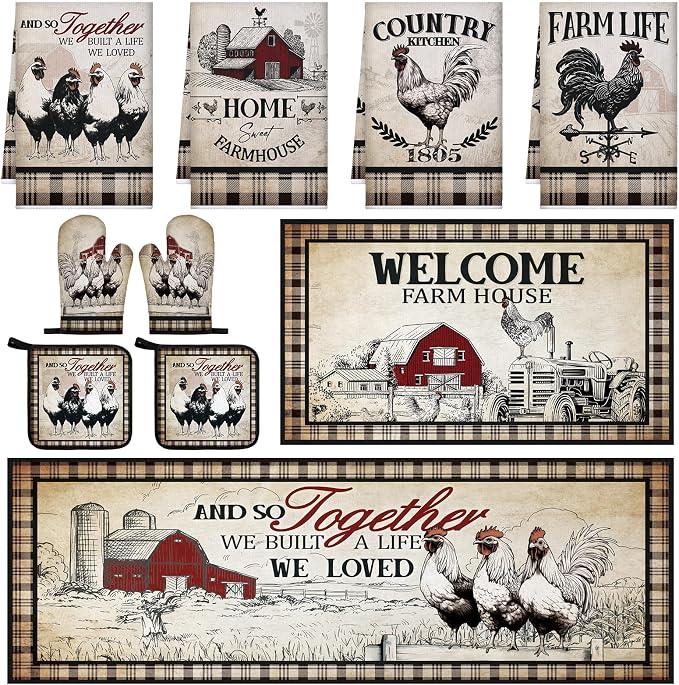 Fourluoo 10 Pcs Barn Chicken Kitchen Dish Towels Rugs Oven Mitts and Pot by Fourluoo