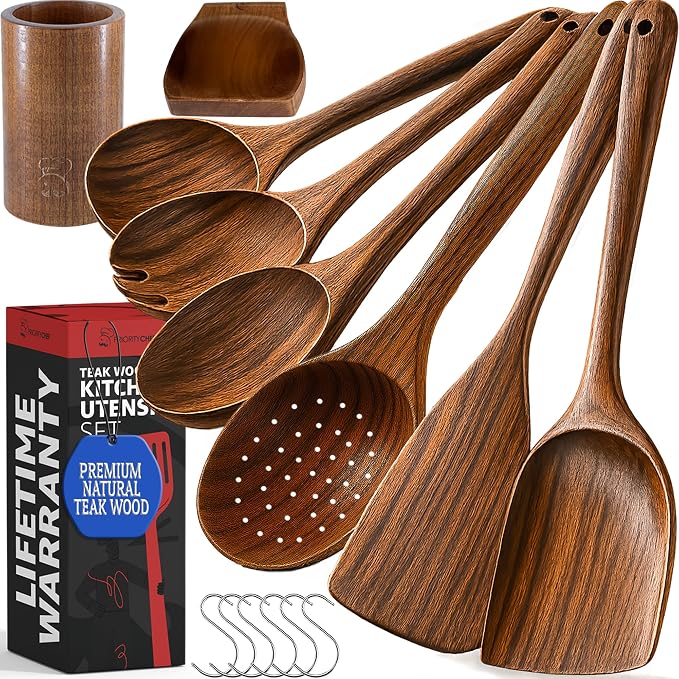 PriorityChef Wooden Spoons for Cooking, Premium 6pc Teak Wood Utensil Set by PriorityChef