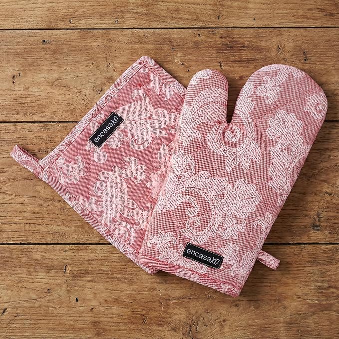 Encasa XO Heat Resistant 100% Cotton Oven Glove & Potholder Set by EncasaXO