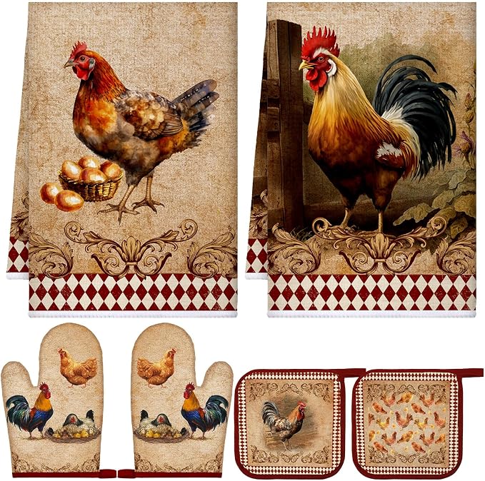 Leinuosen 6 Farm Rooster Farmhouse Kitchen Decor Dish Towels Oven Mitts and Pot by Leinuosen