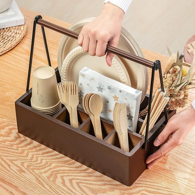 PTSTING Silverware Caddy with Handle Acacia Wood Utensil Holder Paper Plate - Image 4