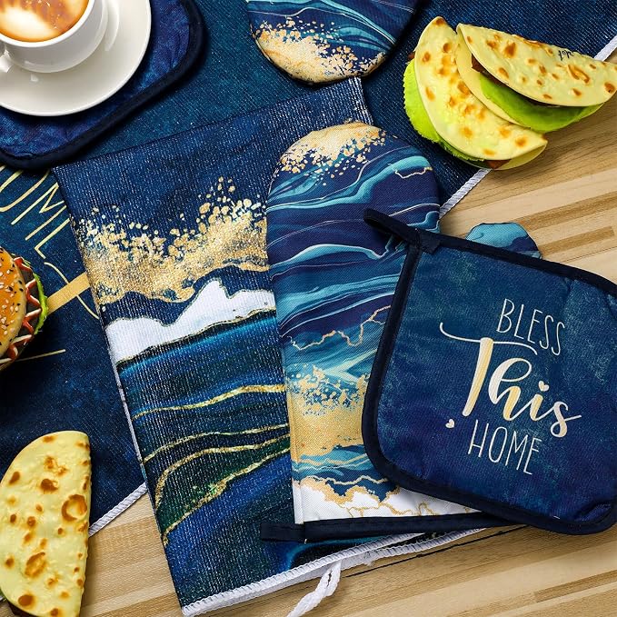 Bencailor 6 Pcs Marble Kitchen Decor Gold Pot Holders Oven Mitts 2 Dish Towels - Image 7
