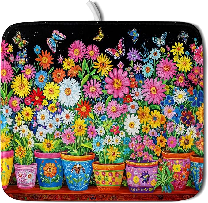 Colorful Floral Dish Drying Mat 16 X 18 Black Spring Flowers Absorbent by Giwawa