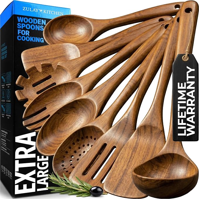 Zulay Kitchen 9-Piece Teak Wood Cooking Utensil Set – Non-Toxic & Non-Stick by ZulayKitchen