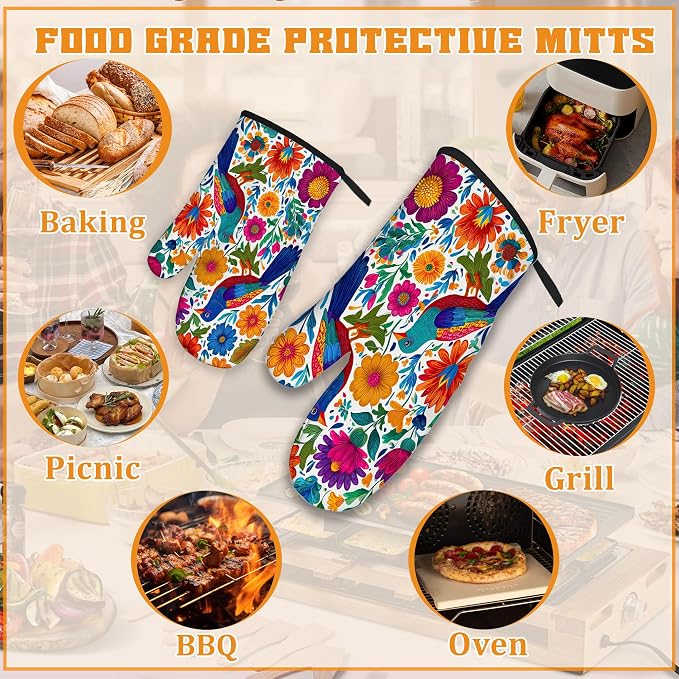 Colorful Bird Oven Mitts and Pot Holders, Flowers Mexican Style Heat Resistant - Image 5