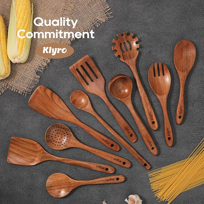Teak Wooden Cooking Utensils Set, 10 Piece Premium Kitchen Cookware, - Image 7