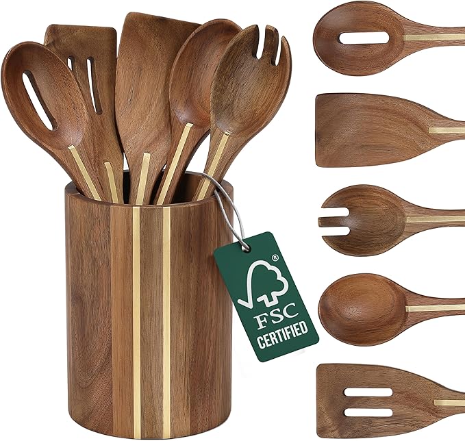 Acacia Utensil Set of 5 with Holder – Premium Wooden Cooking Utensils, Eco by Boxikikitchen