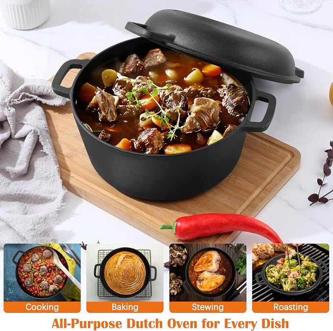E-far 5QT Dutch Oven for Bread Baking, 2-IN-1 Cast Iron Pot - Image 5