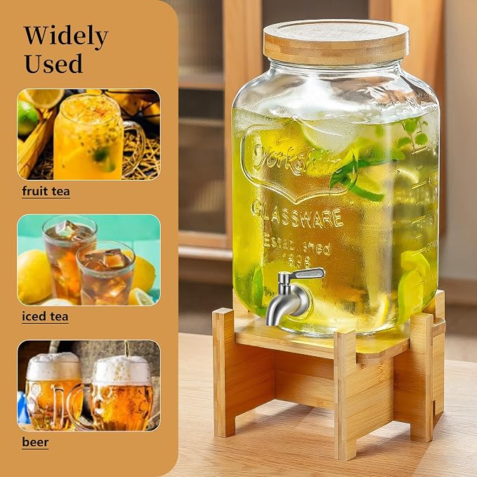 Drink Dispenser with Wood Stand and Lid, 2 Gallon Glass Beverage Dispenser with - Image 7