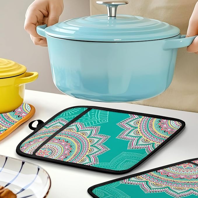Turquoise Abstract Mandala Floral Pot Holders - Image 5