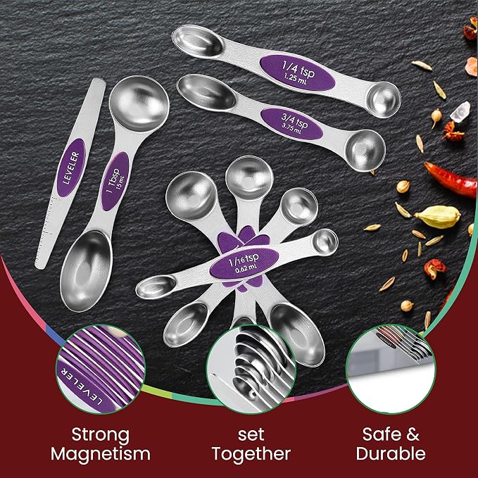 Magnetic Measuring Spoons Set of 9 Stainless Steel Dual-Sided Stackable - Image 6