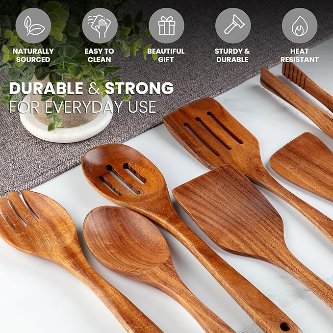Zulay Kitchen Teak Wood Utensil Set – 7 Piece Wooden Cooking Utensils – Slotted - Image 4