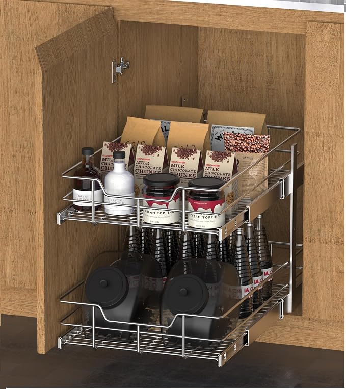 2 Tier Pull Out Cabinet Organizer 11" W X 17" D, Slide Out Drawers - Image 7