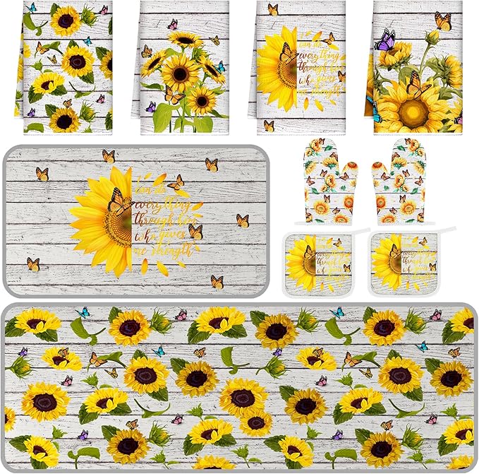 Fourluoo 10 Pcs Sunflower Kitchen Decor Set Butterfly Towels and Rugs Oven by Fourluoo