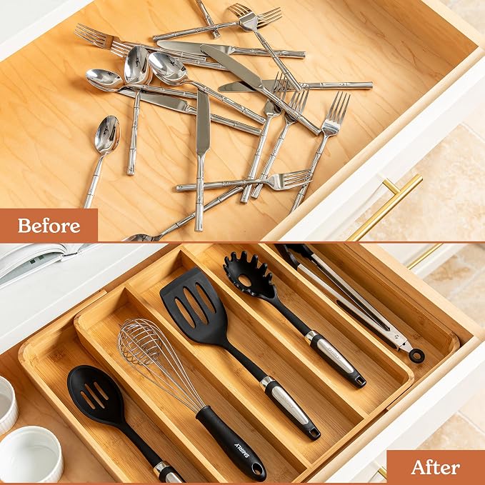 SMIRLY Silverware Drawer Organizer – Bamboo Kitchen Drawer Organizer, - Image 7