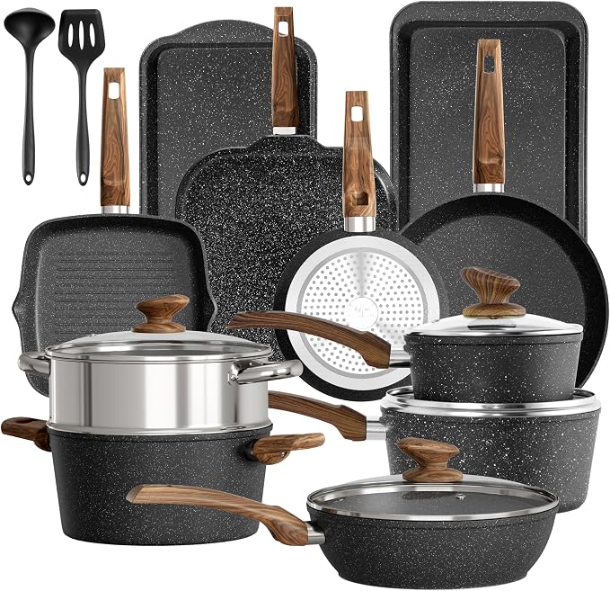 DishDelight 17 Piece Pots and Pans Set Non Stick, Nonstick Induction Granite by DishDelight