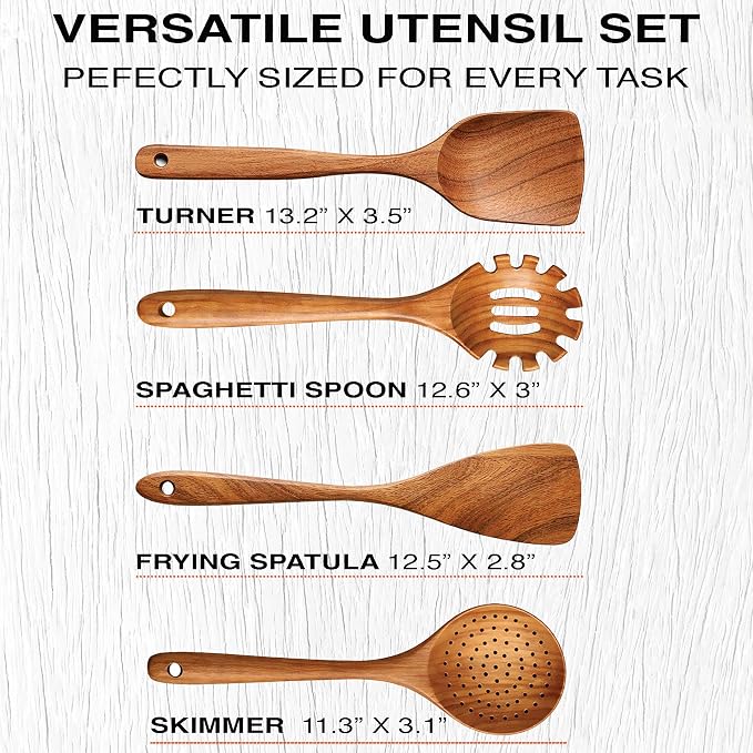 Extra-Large 4-Piece Teak Wooden Utensil Set – Non-Stick Wooden Spatula - Image 6