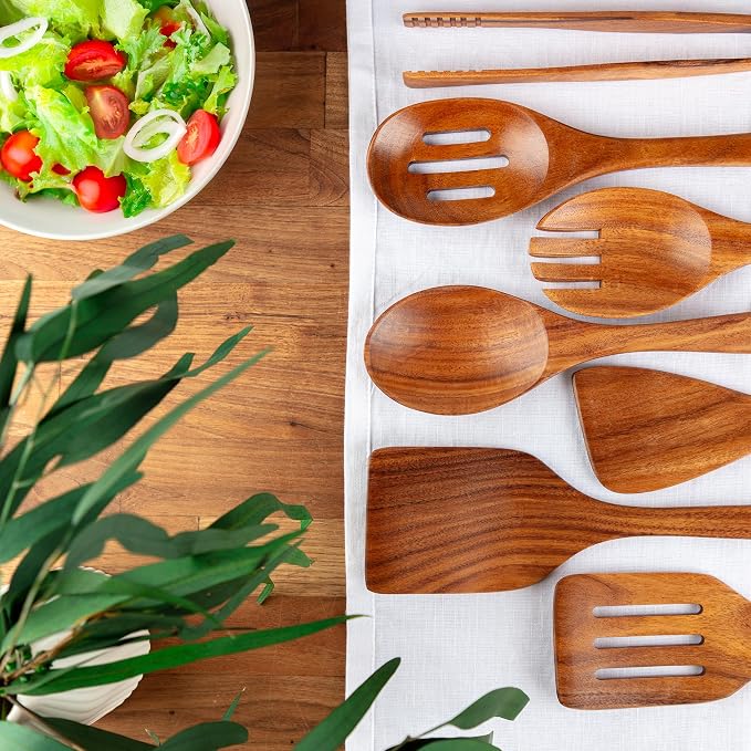 Zulay Kitchen Teak Wood Utensil Set – 7 Piece Wooden Cooking Utensils – Slotted - Image 2