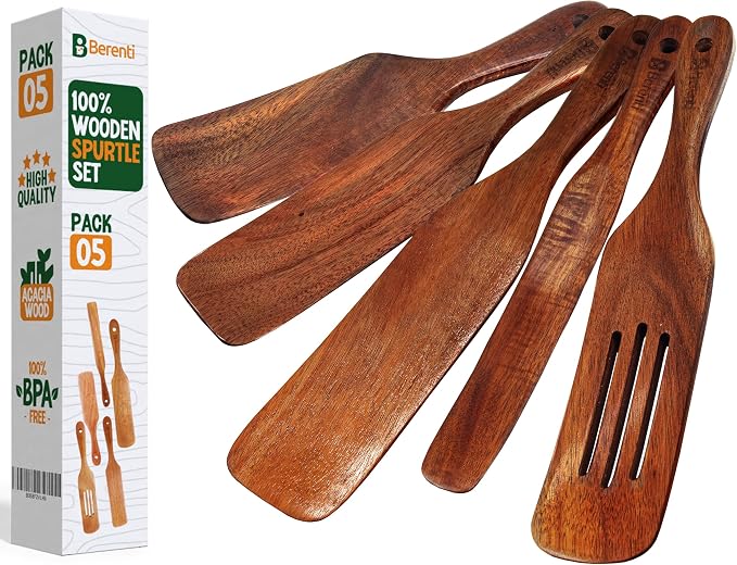5-Piece Wooden Spurtle Set – Acacia Wood Kitchen Tools - Image 9