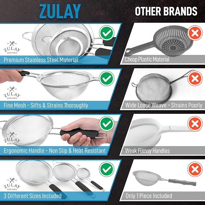 Zulay Kitchen Premium Stainless Steel Fine Mesh Strainer Set - Image 7