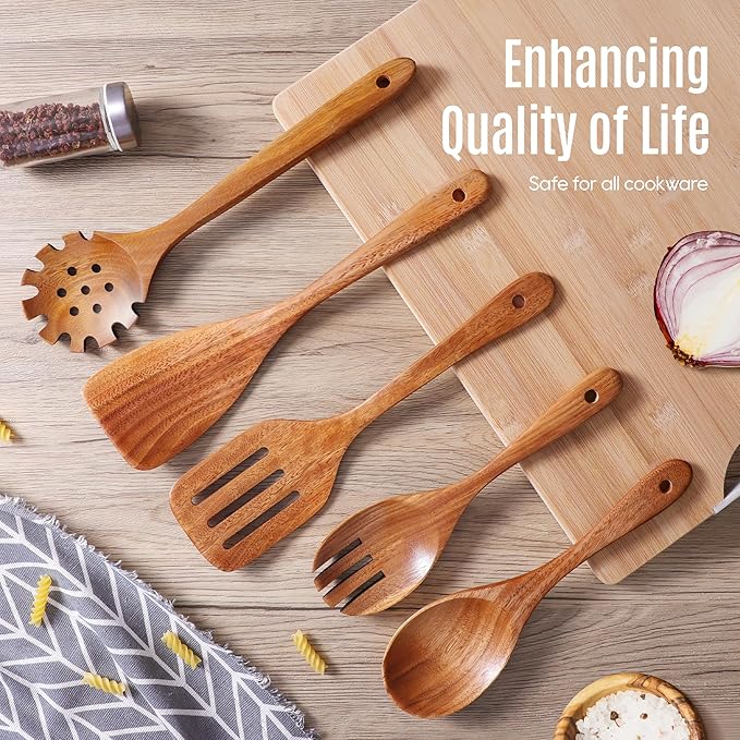 5 PCS Wooden Spoons for Cooking Natural Teak Kitchen Utensils Set Smooth - Image 7