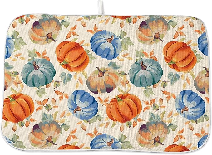 Fall Dish Drying Mat 18x24 Inch Burnt Orange Blue Green Pumpkin Leaves Drying by DAFENA