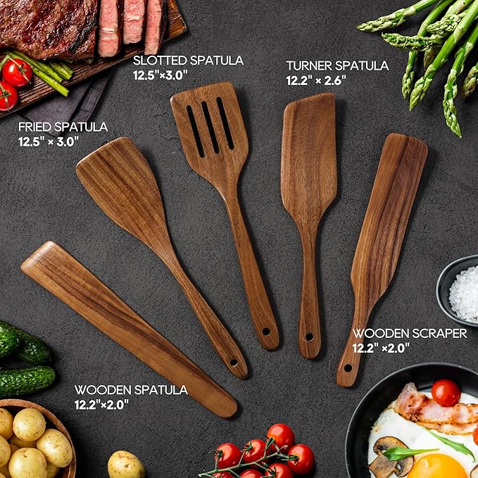 KLYRO 5 PCS Wooden Spatula Set, Natural Teak Wooden Spoons - Image 3