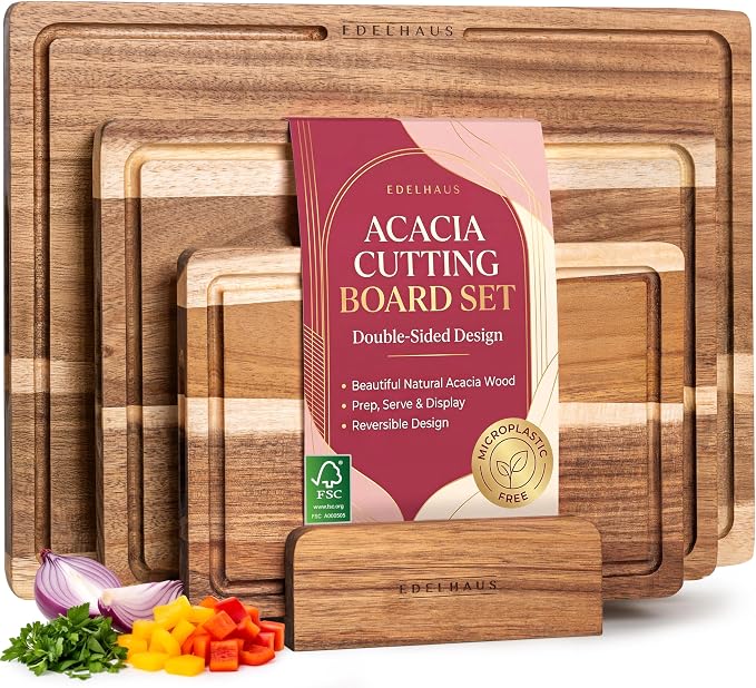 Acacia Wood Cutting Board for Kitchen, Non-Toxic Cutting Board Set of 3 by EDELHAUS