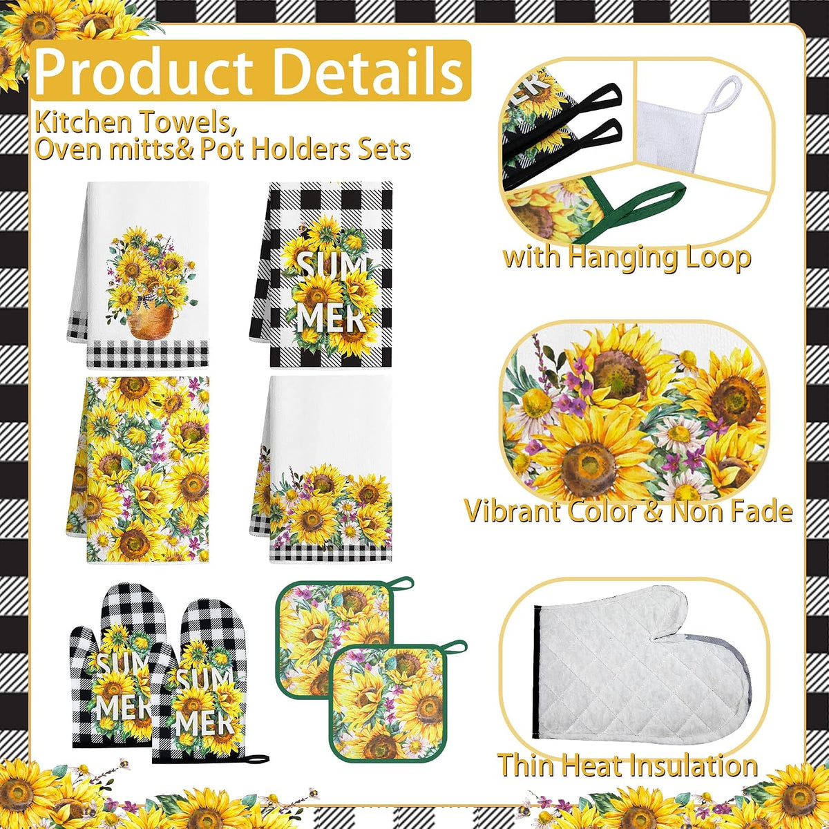 10 PCS Sunflower Plaid Kitchen Decor and Accessories - Sets 4 Kitchen
