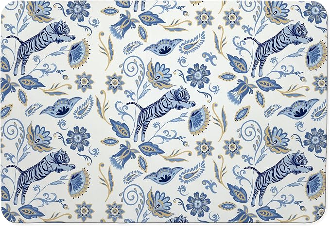 Blue and White Floral Tiger Dish Drying Mat, Chinoiserie Tiger Coffee Bar Mat by Unknown