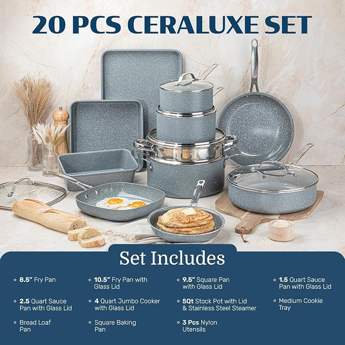 Granitestone Ceraluxe 20 Pc Ceramic Cookware Set Nonstick, Complete Pots and - Image 2