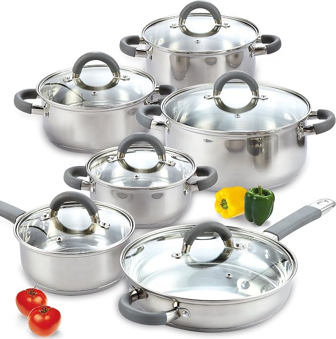 Cook N Home Stainless Steel Cookware Sets, 3-Ply 12 Pcs Pots and Pans Set by CookNHome
