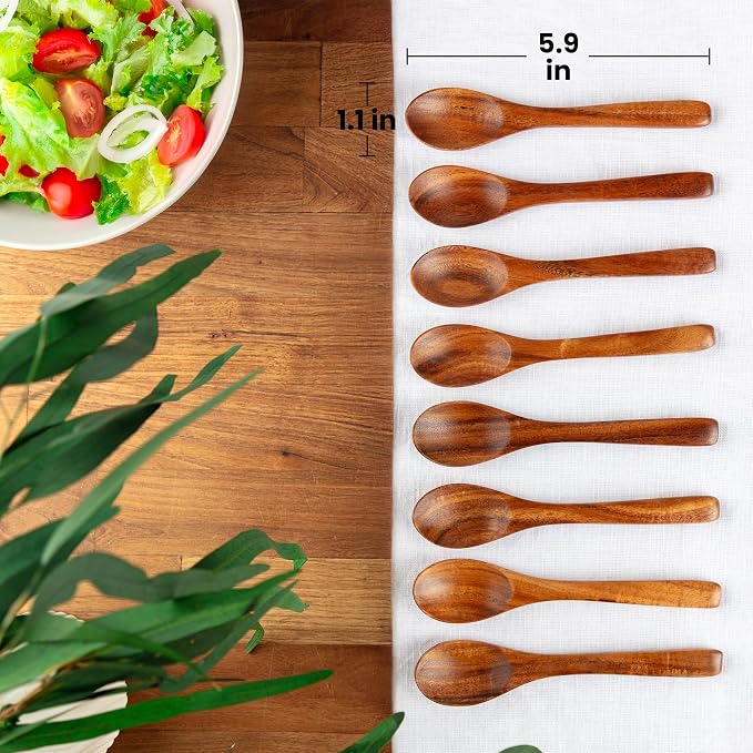 Zulay Kitchen Teak Wood Small Honey Spoons Set – 8 Piece Mini Wooden Honey - Image 2