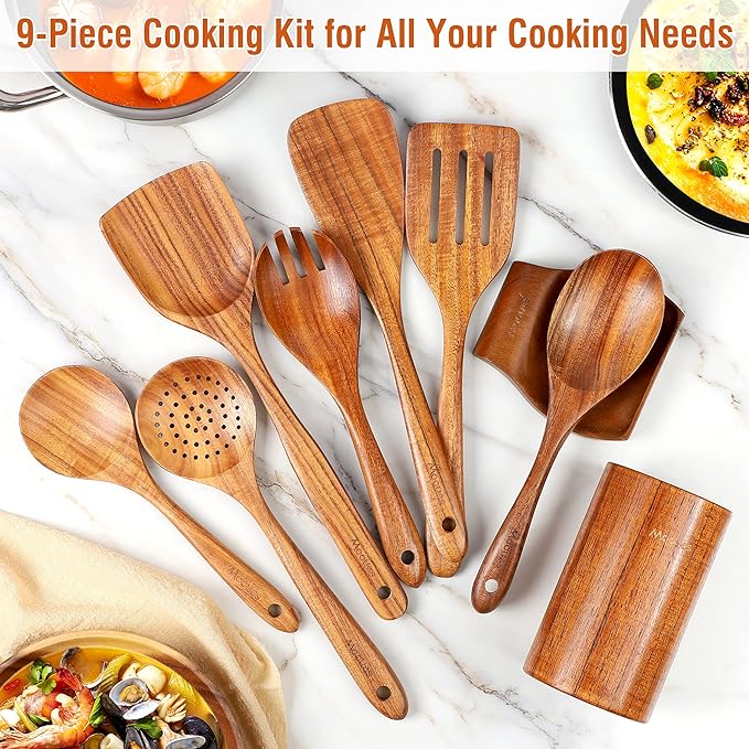 Mooues 9 Piece Natural Teak Wooden Kitchen Utensil Set - Image 7