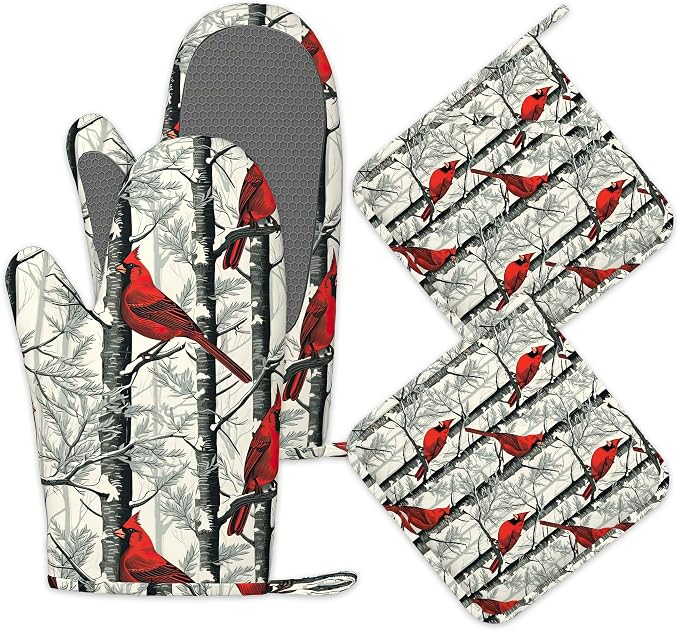 Red Cardinal Birds Oven Mitts and Pot Holders Set of 4, Kitchen Glove Heat by Unknown