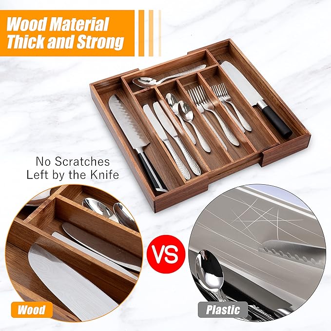 Bellsal Acacia Silverware Organizer Kitchen Drawer Organizer Expandable Bamboo - Image 5