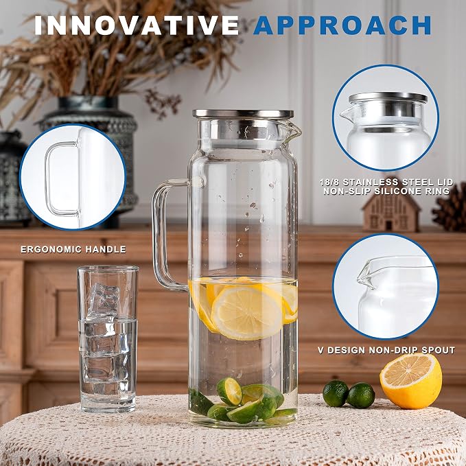Set of 2 Glass Pitcher with Lid, 2 Quart Leak Proof, Glass Water Jugs, - Image 4