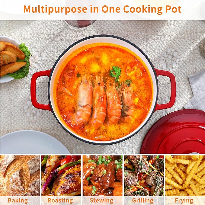 Velaze 6 QT Enameled Cast Iron Dutch Oven, Dual Handles Pot - Image 5