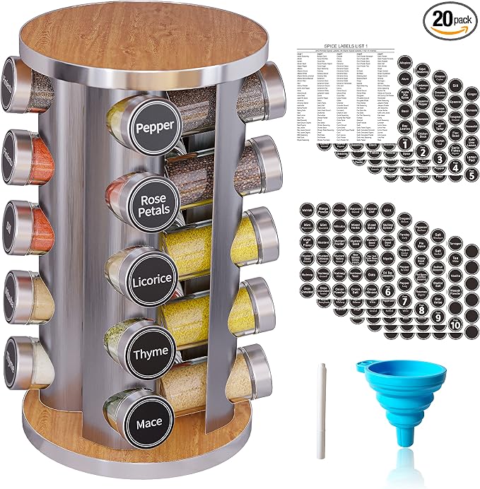 Revolving Spice Rack Set with 20 Spice Jars, Kitchen Spice Tower Organizer by NewEnglandStories