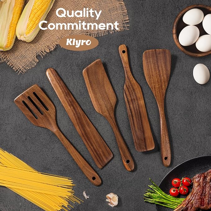 KLYRO 5 PCS Wooden Spatula Set, Natural Teak Wooden Spoons - Image 7