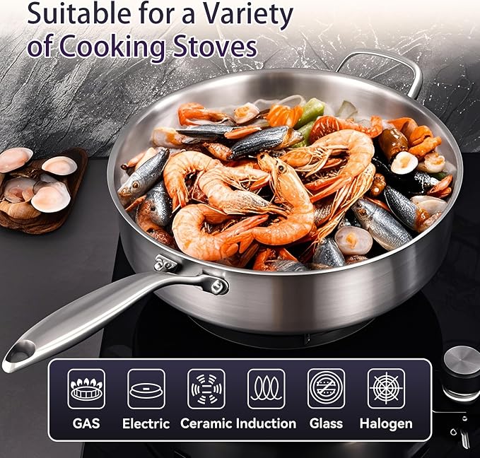 LOLYKITCH 5 Quarts Tri-Ply Stainless Steel Sauté Pan wih Lid, 12 Inch Deep - Image 4
