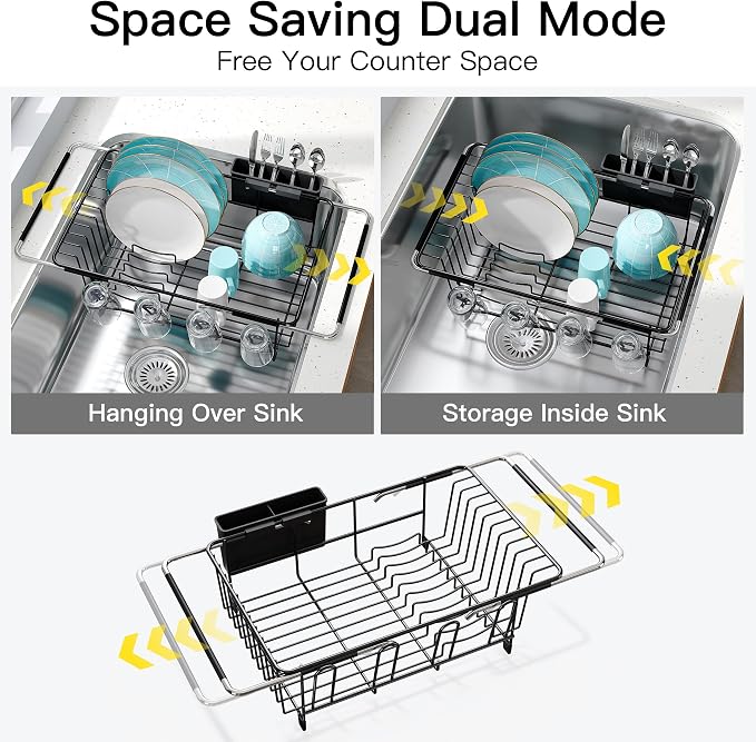 Dish Drying Rack Over the Sink In Stainless Steel Black Expandable Drainer - Image 2