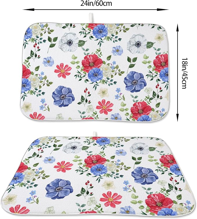 Blue Red Floral Dish Drying Mats 18x24 Inch Independence Day Flower Drying Mats - Image 2