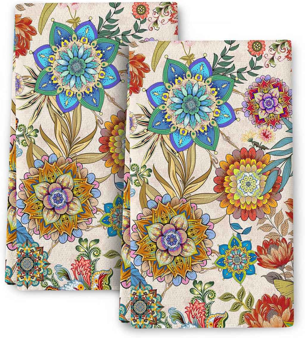 Bohemian Floral Kitchen Towels Decorative Set of 2 Boho Dish Towels