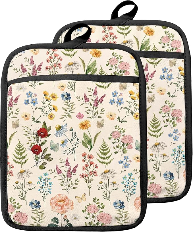 Beige Floral Botanical Pot Holders by Unknown