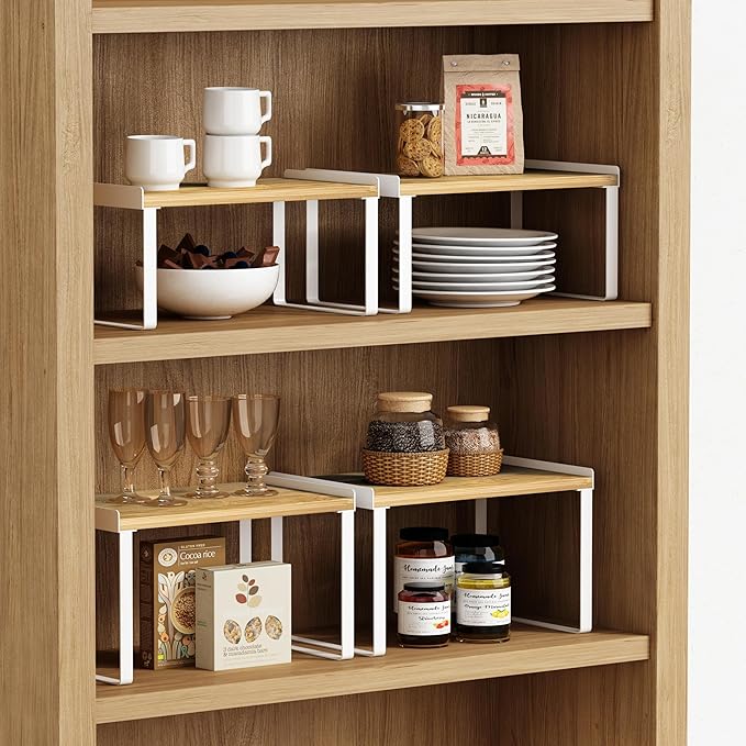 Goozii Kitchen Cabinet Organizer Set of 4, Desk Shelf Riser, Stackable Cabinet - Image 4