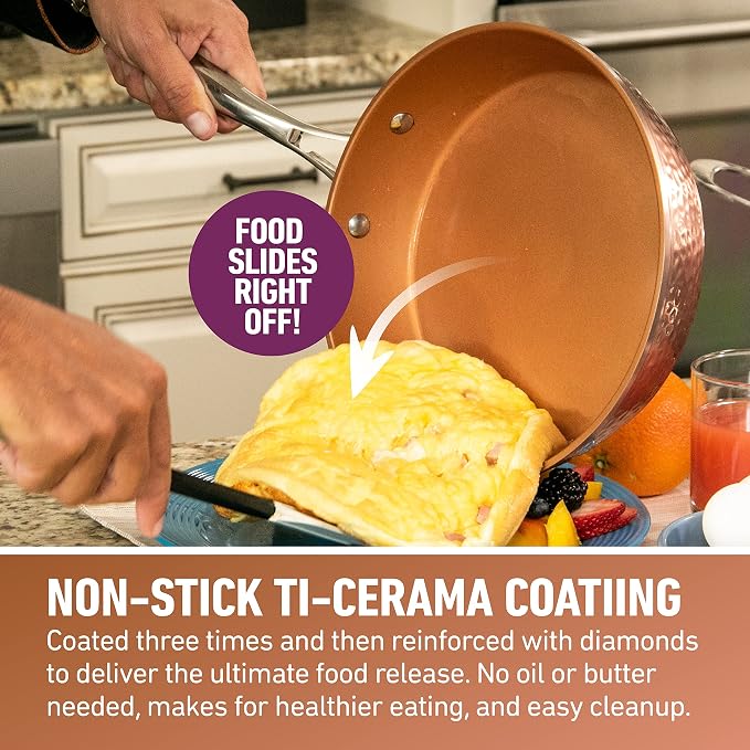 Gotham Steel Hammered Frying Pan Set, 3 Piece Nonstick Copper Fry Pans - Image 3