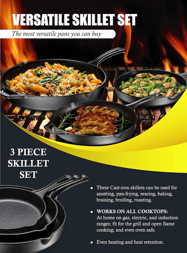 Bruntmor 8, 10 and 12 Inch Pre-Seasoned Frying Pan Set of 3, Oven Safe Skillet - Image 7