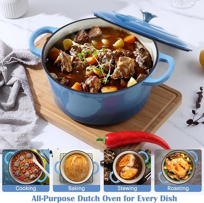 E-far Enameled Dutch Oven Pot for Bread Baking, 6QT Enameled Cast Iron Cookware - Image 4